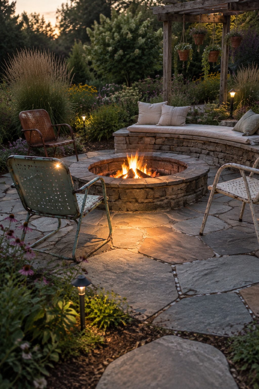 A circular stone fire pit with active flames sits on a flagstone patio, surrounded by vintage metal chairs, a cushioned stone bench, and nearby garden plants with hanging pots.