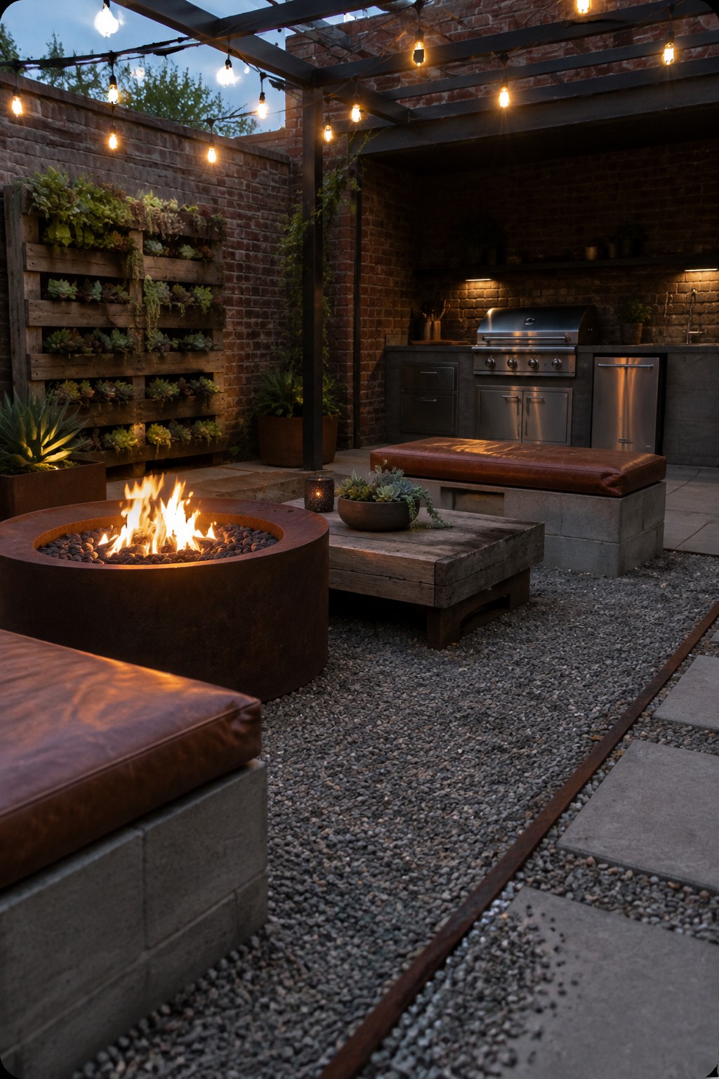 An outdoor patio at dusk with a round metal fire pit lit with flames, gravel ground, concrete pavers, a wooden coffee table, brown leather benches, string lights, and a built-in grill area against brick walls.