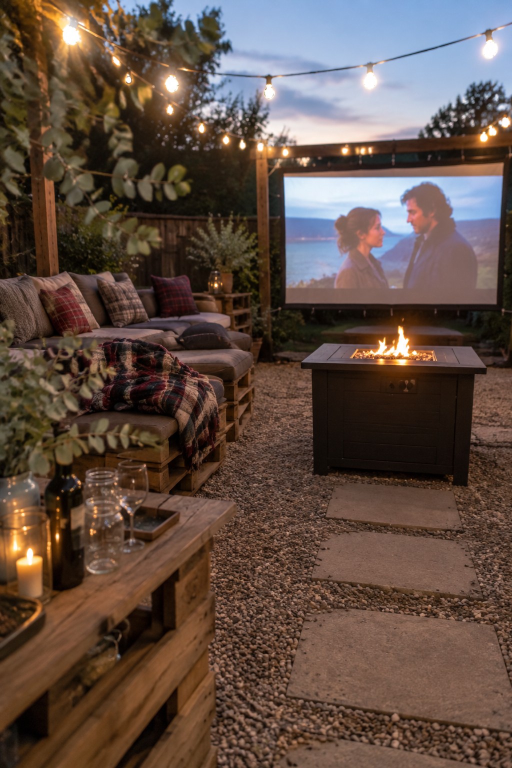 Backyard movie screen, fire pit, string lights, pallet seating, and wine table at dusk