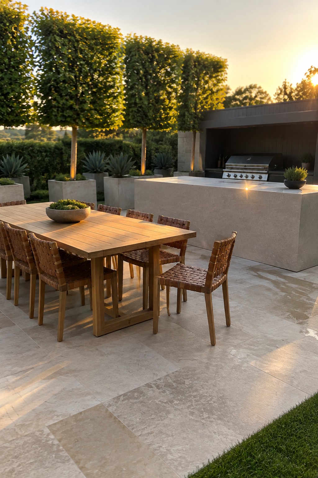 A long wooden dining table with woven strap chairs sits on a stone patio beside a concrete outdoor kitchen island with a built-in grill.