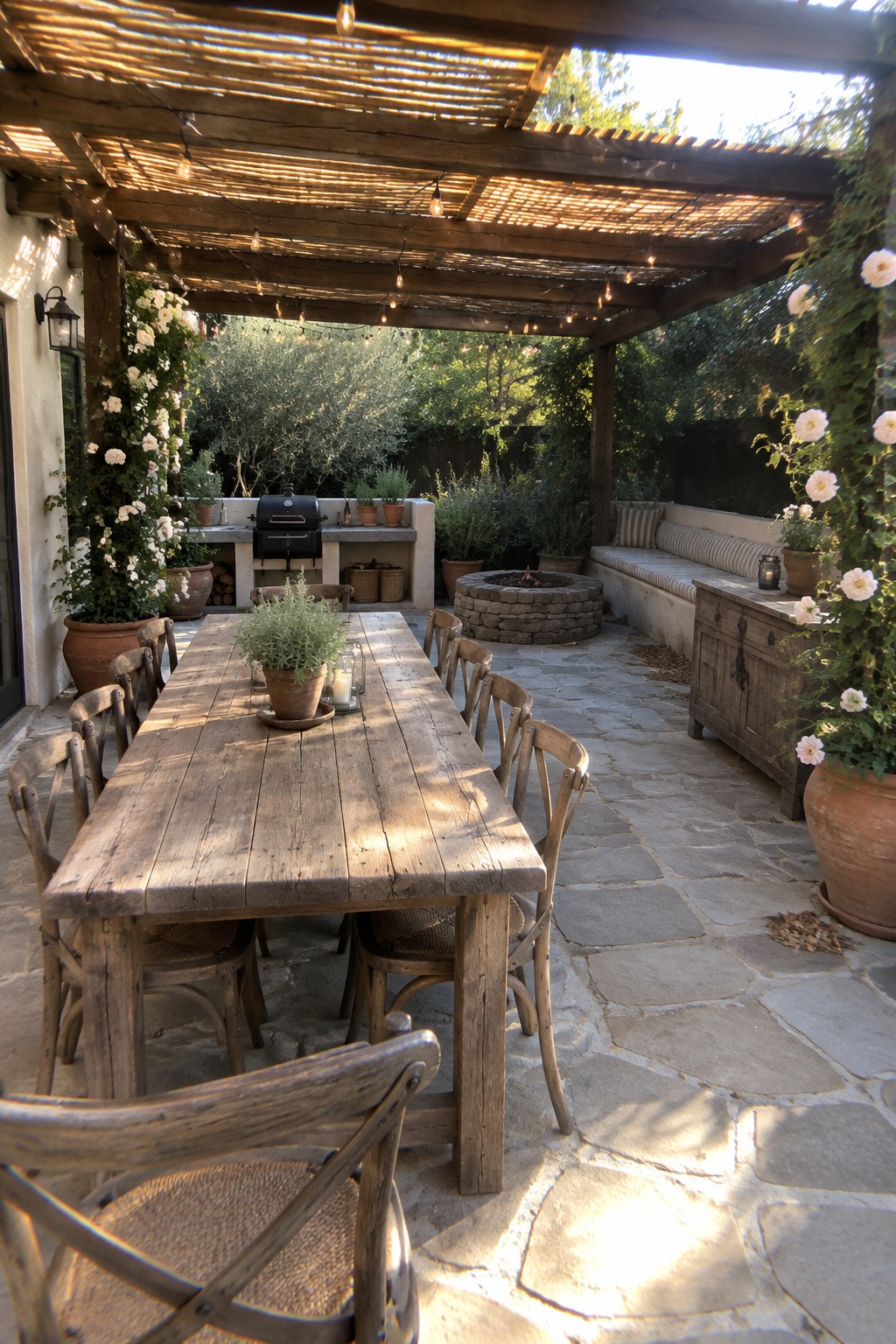 Rustic wooden table under string-lit pergola on stone patio with grill and fire pit