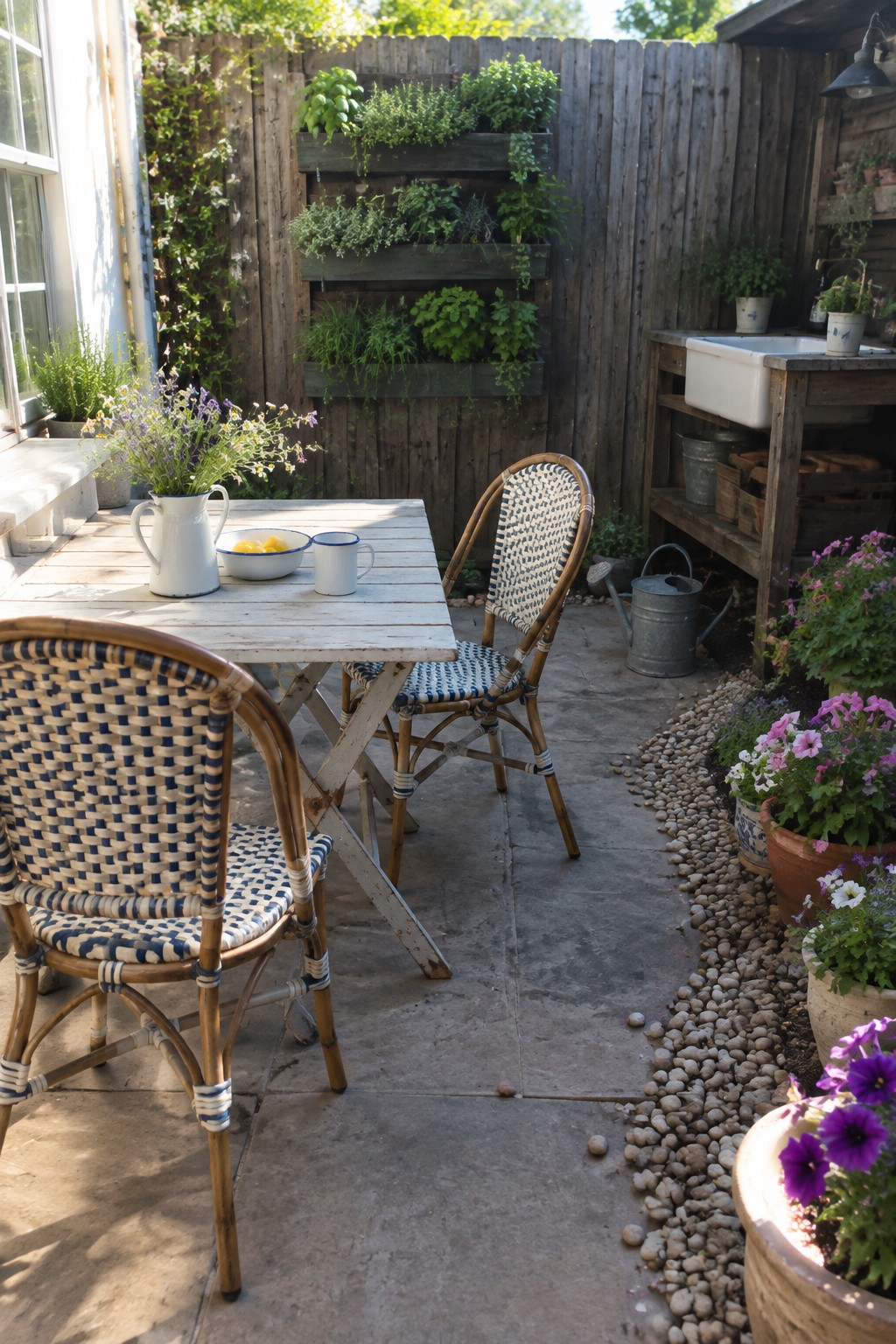 A stone patio with a wooden dining table, woven bistro chairs, and a rustic wooden sink station beside a fence lined with vertical herb planters and potted flowers.