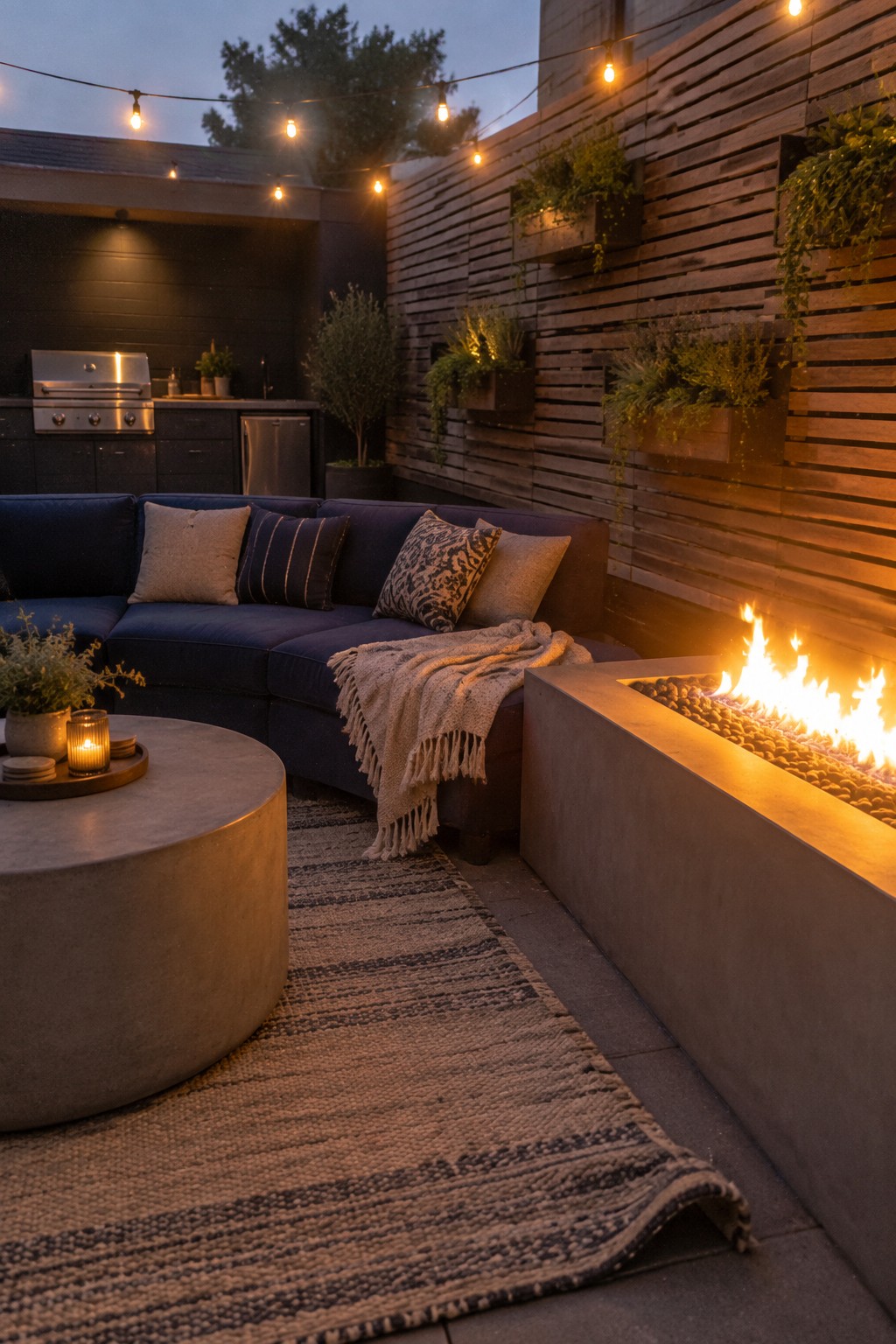 Cozy dusk patio with navy sectional sofa, fire pit, string lights, and wooden planters.