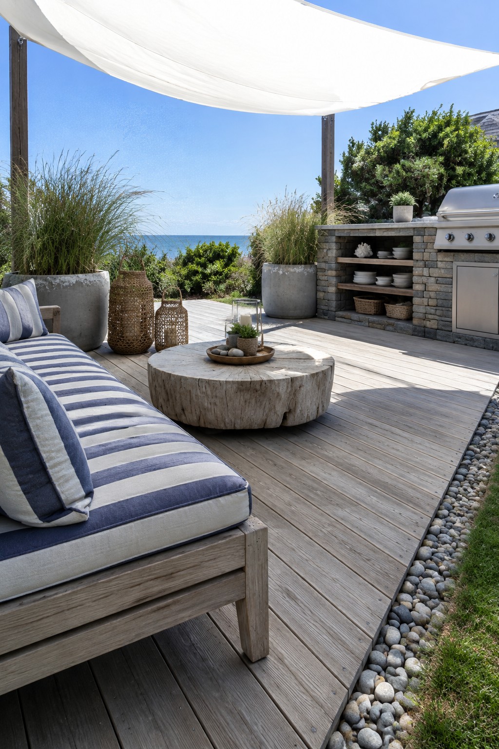 A wooden deck patio featuring a blue and white striped outdoor sofa, a round wood coffee table, an outdoor kitchen with stone facing, potted plants, and a white shade sail overhead, with the ocean visible beyond.