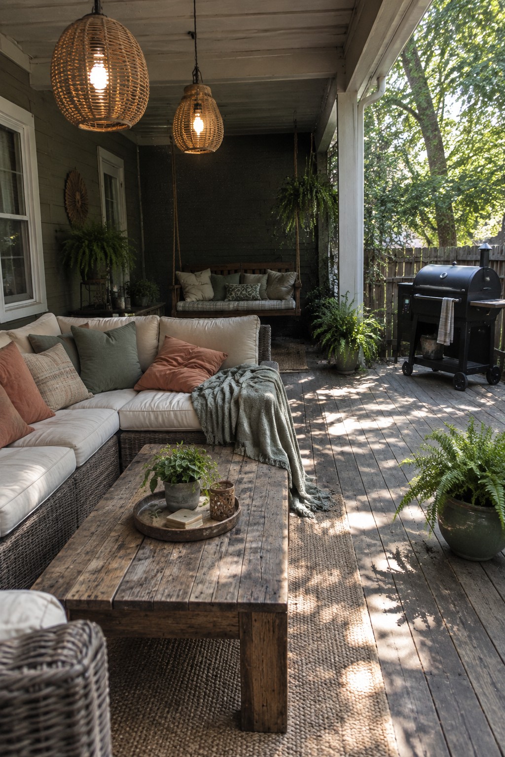 Cozy rustic porch with wicker sectional sofa, wooden table, hanging lanterns, and grill