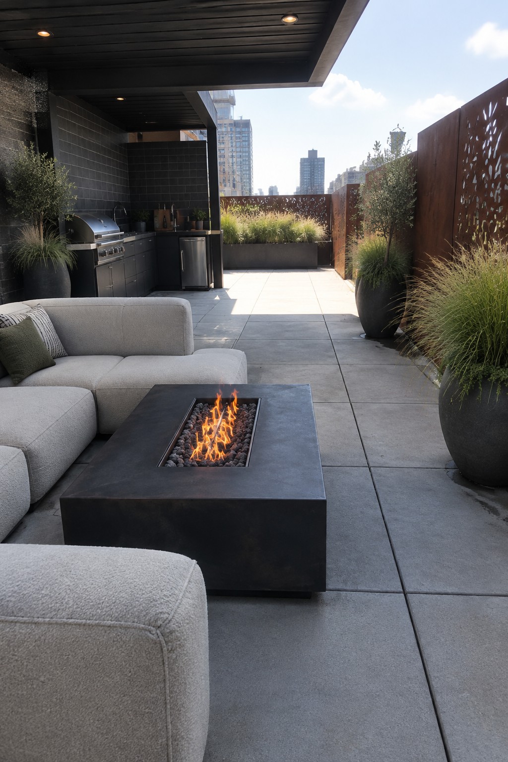 A modern outdoor patio shows a large dark rectangular fire pit table with flames, surrounded by light gray sectional seating and large potted plants.