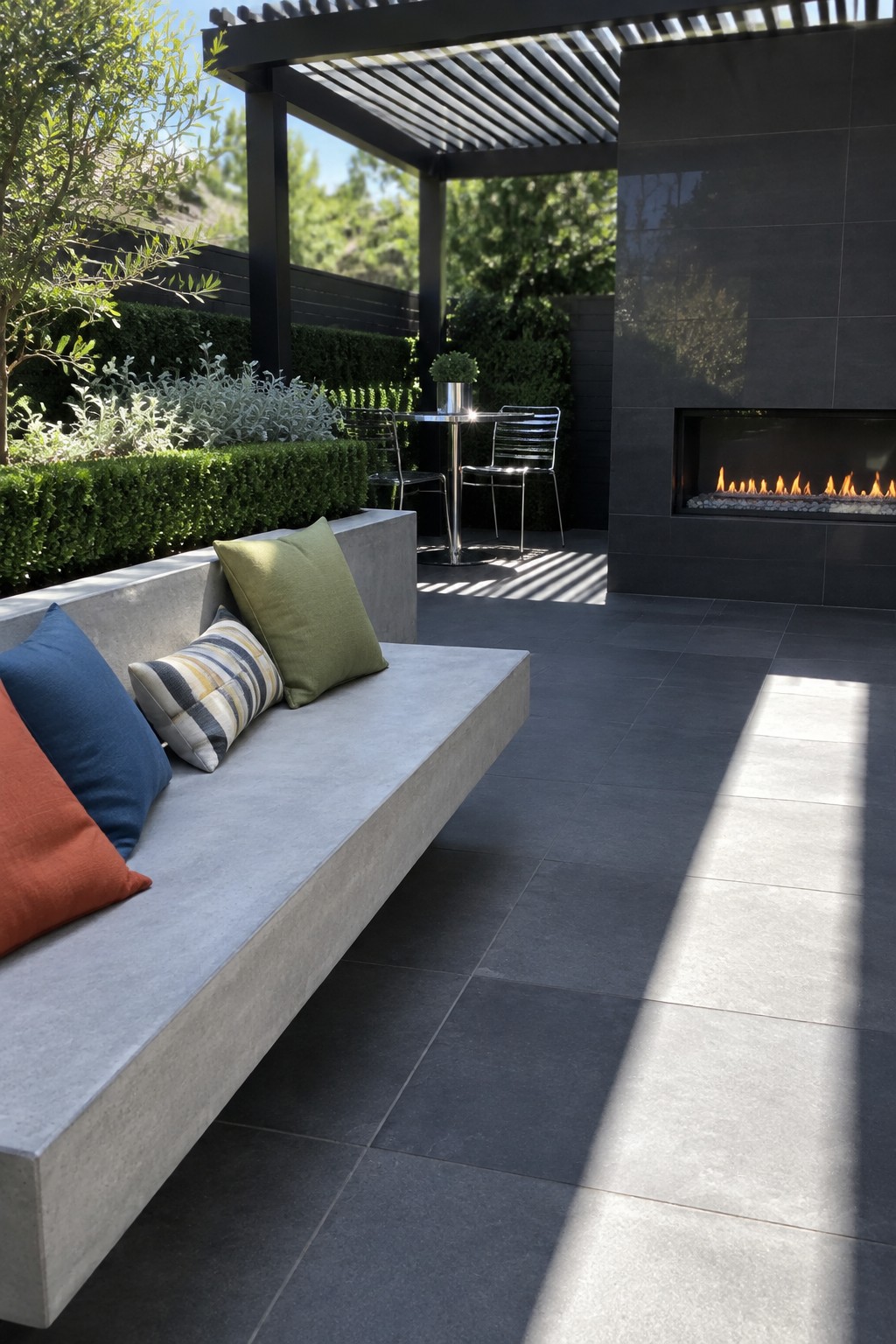 Modern patio with floating concrete bench, colorful pillows, and lit fireplace under pergola