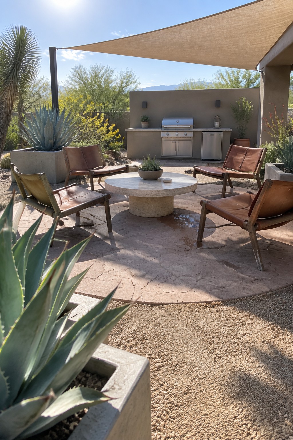 Desert patio with four leather chairs around round stone table beside outdoor grill