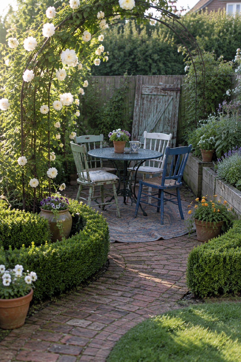 Garden table with mismatched chairs under white rose arch on brick path