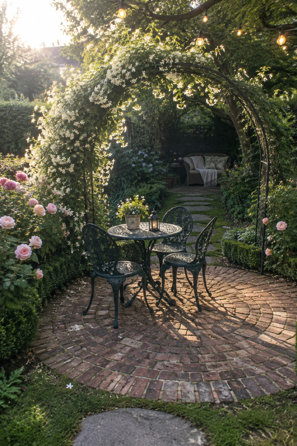 A round brick patio with a green metal table and four chairs set beneath a black metal arch covered in white flowers and string lights, surrounded by garden plants.