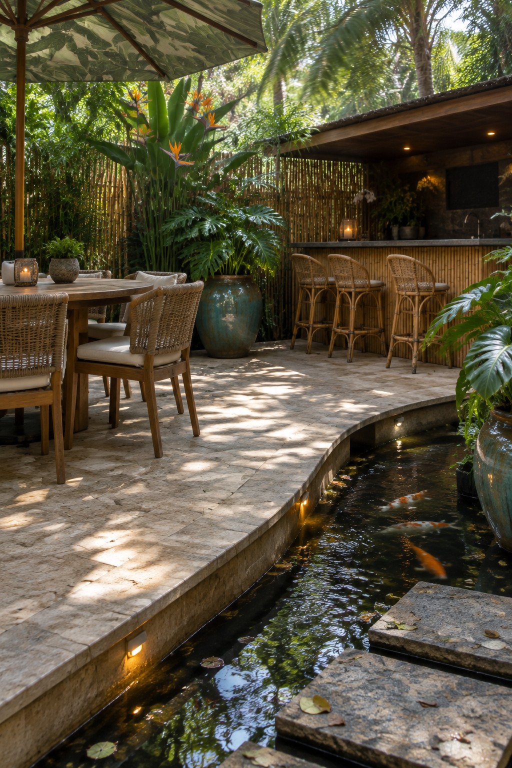 Tropical patio with koi pond, stepping stones, wicker chairs, and bamboo bar.