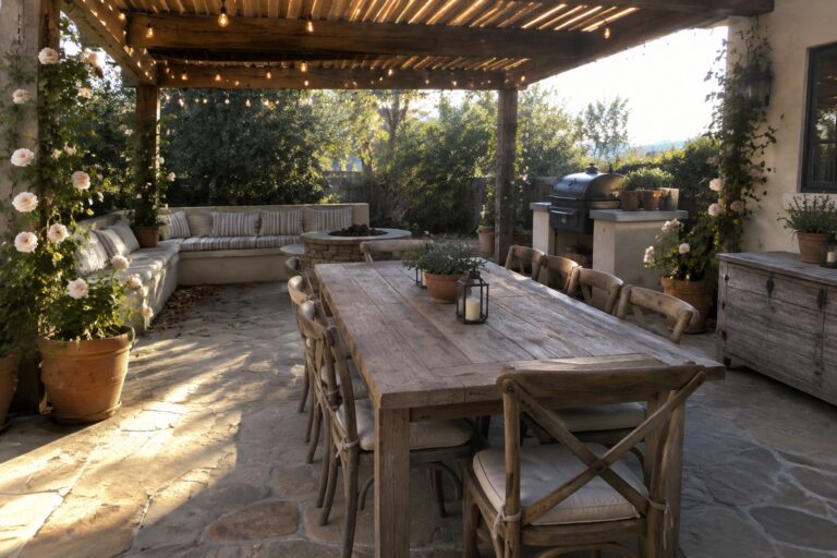24 Beautiful Backyard Patio Decorating Ideas for Relaxing and Entertaining Rustic wooden table under string-lit pergola on stone patio with grill and fire pit