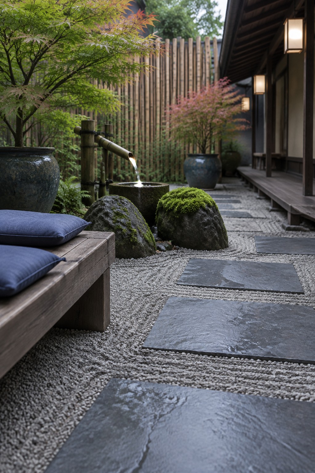 A Japanese-style garden with raked gray gravel, large dark stepping stones, mossy rocks, a bamboo water feature, potted trees, and a wooden bench with blue cushions on the left.