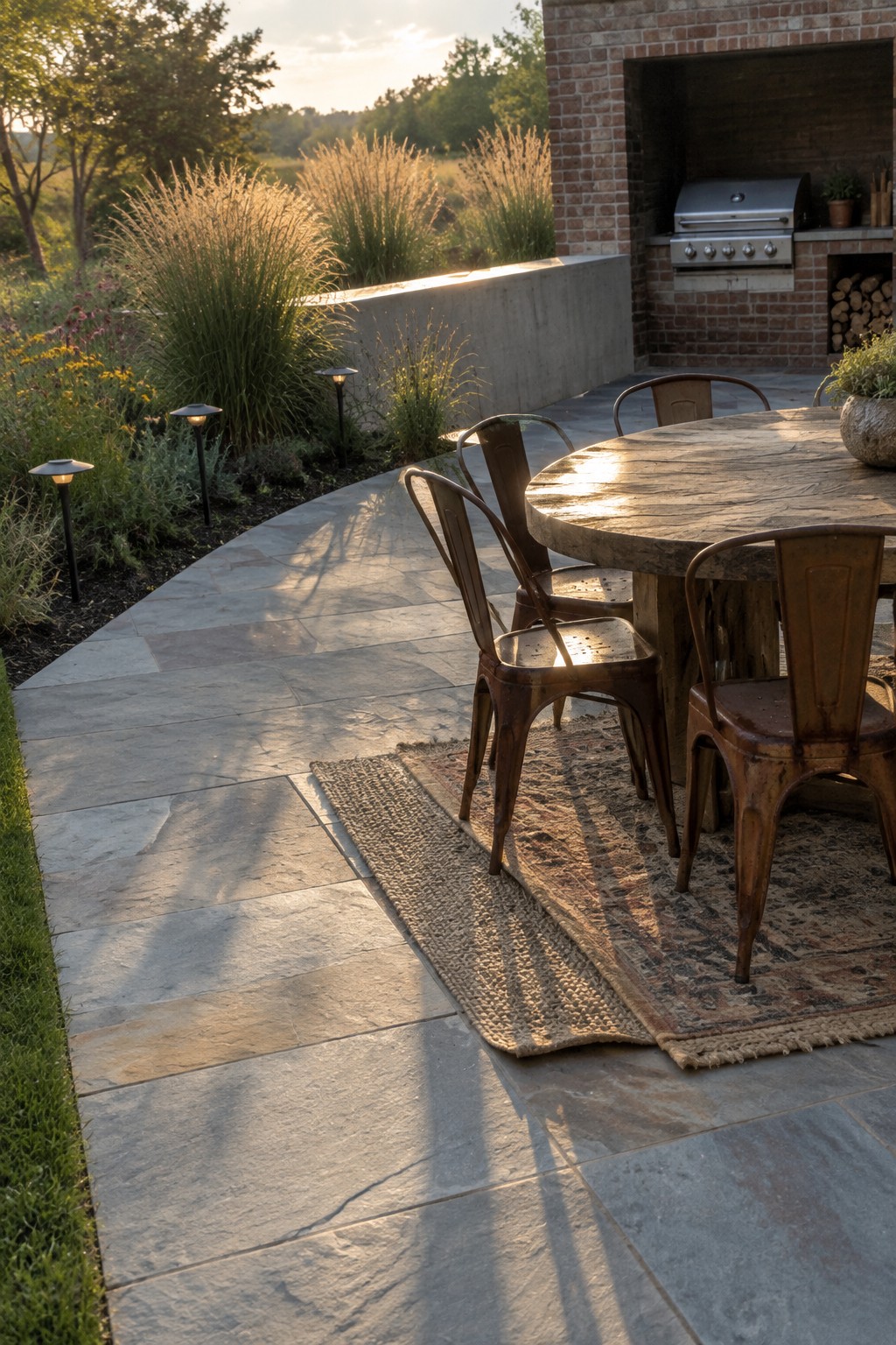 Rustic wooden table with metal chairs on stone patio near brick outdoor grill at sunset