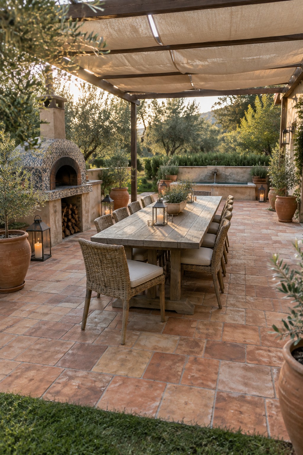 A long wooden dining table with woven chairs on a terracotta patio under a fabric shade, next to a tiled outdoor oven and potted plants.