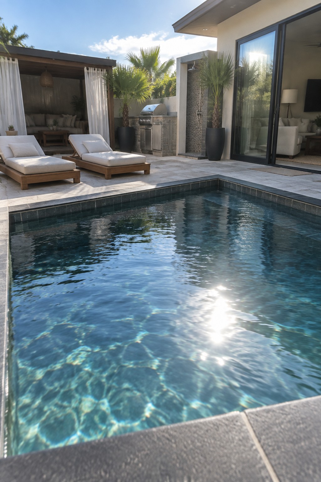 Luxurious backyard pool with lounge chairs, outdoor kitchen, palm trees, and modern patio.