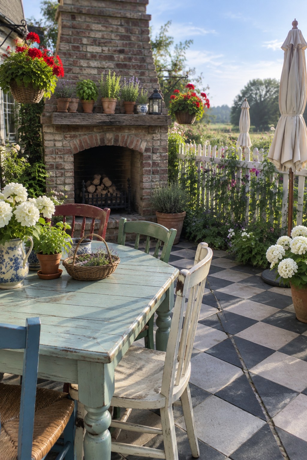 An outdoor patio with a weathered light blue wooden table, mismatched painted wooden chairs, a brick fireplace, and black and white checkered tile flooring.