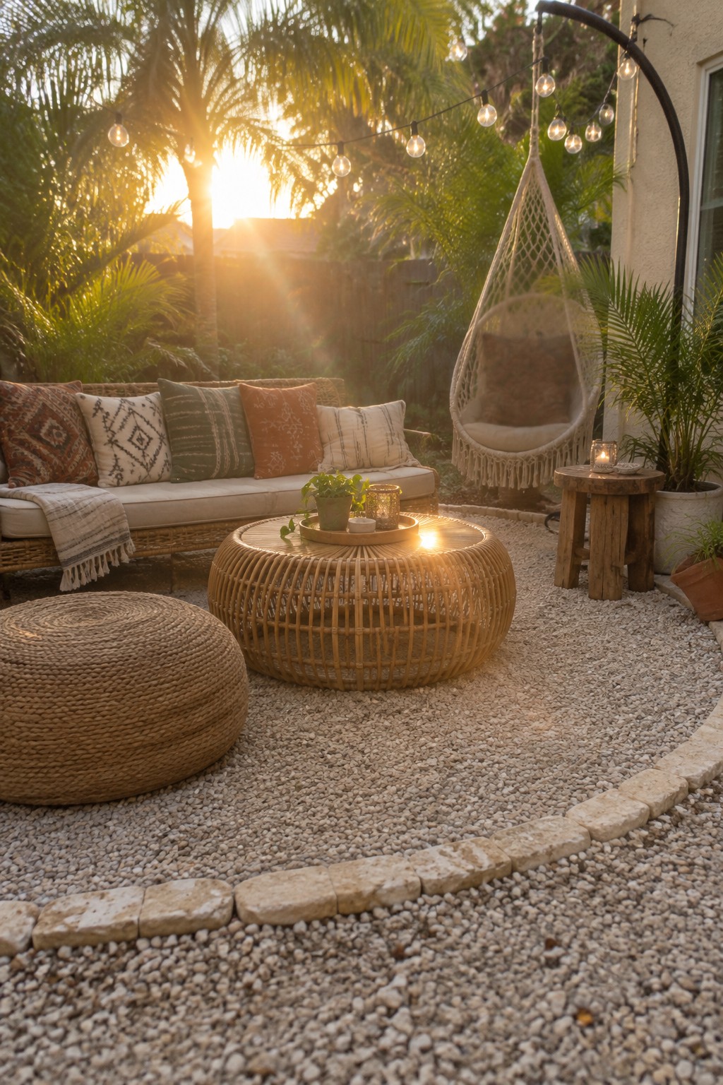 Sunlit gravel patio with wicker sofa, round rattan table, hanging chair, and string lights
