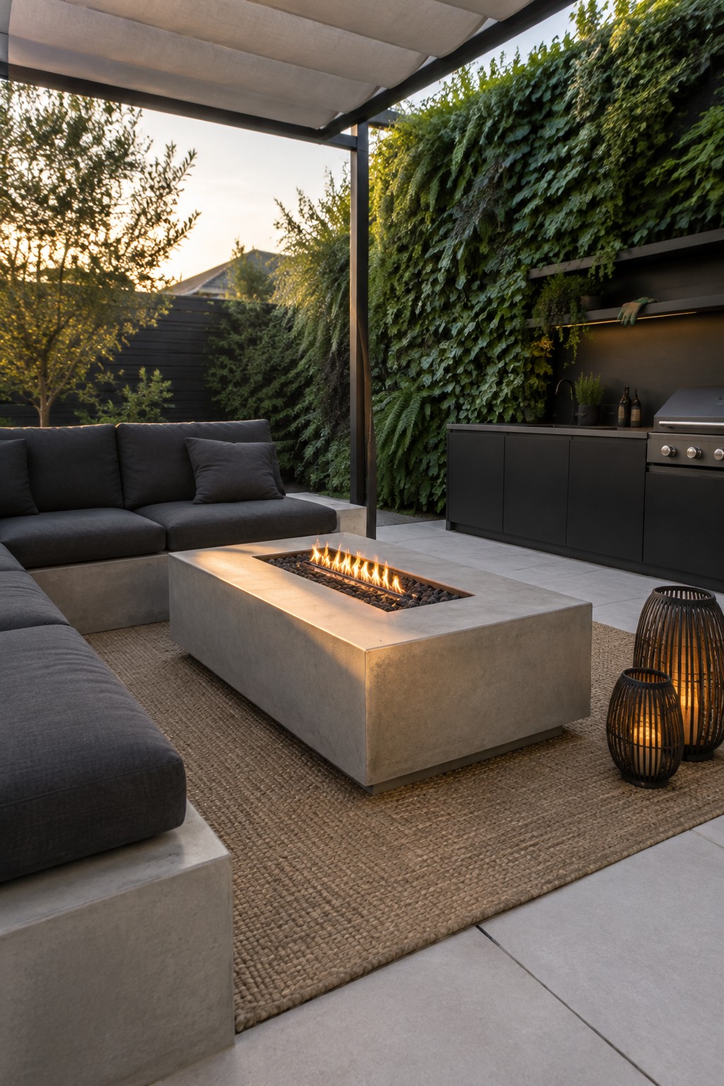 Modern patio with concrete fire pit, dark sectional sofa, woven rug and green wall