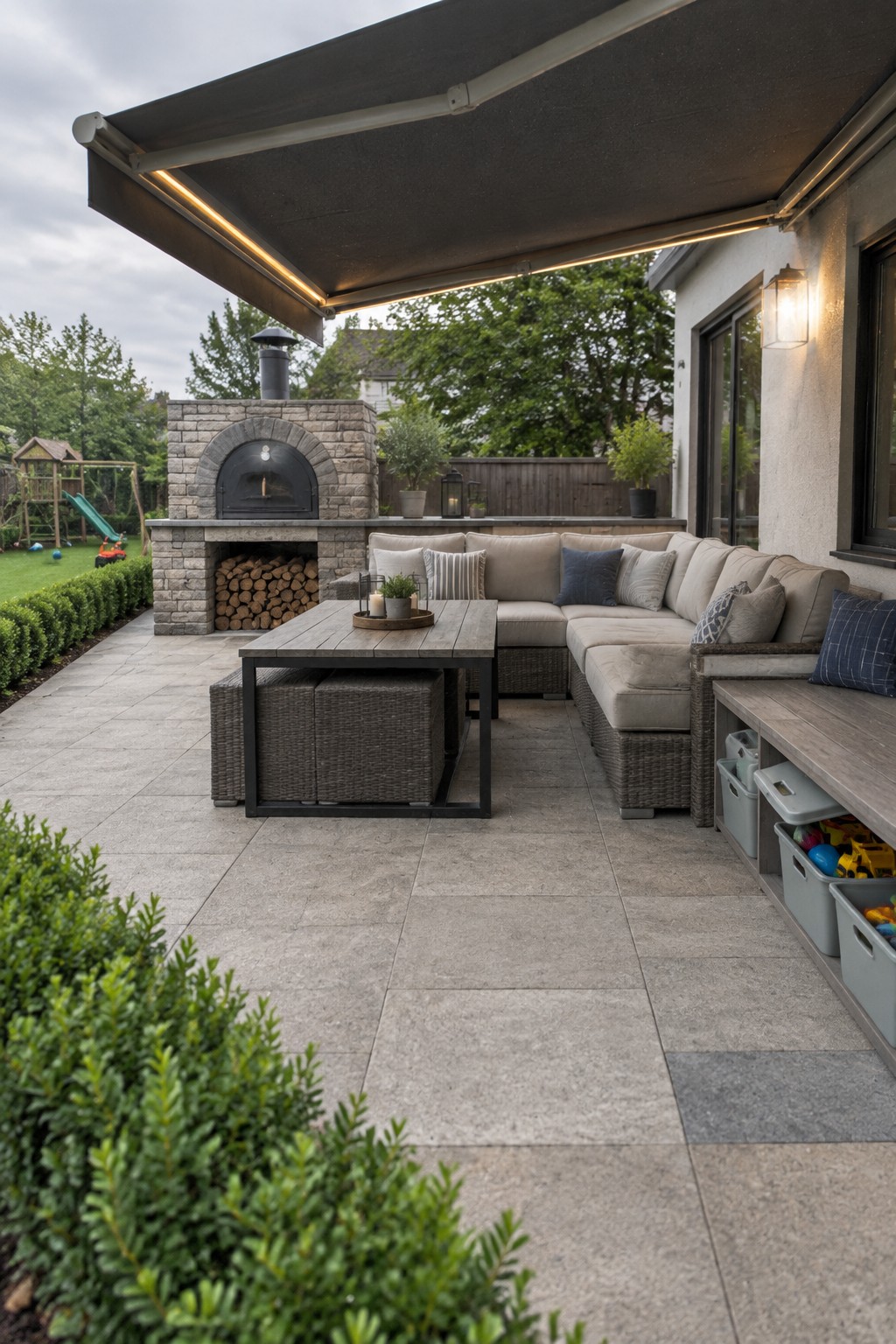 Backyard patio with L-shaped sectional sofa, wooden coffee table, stone pizza oven, and built-in storage bench holding plastic bins under a dark retractable awning.