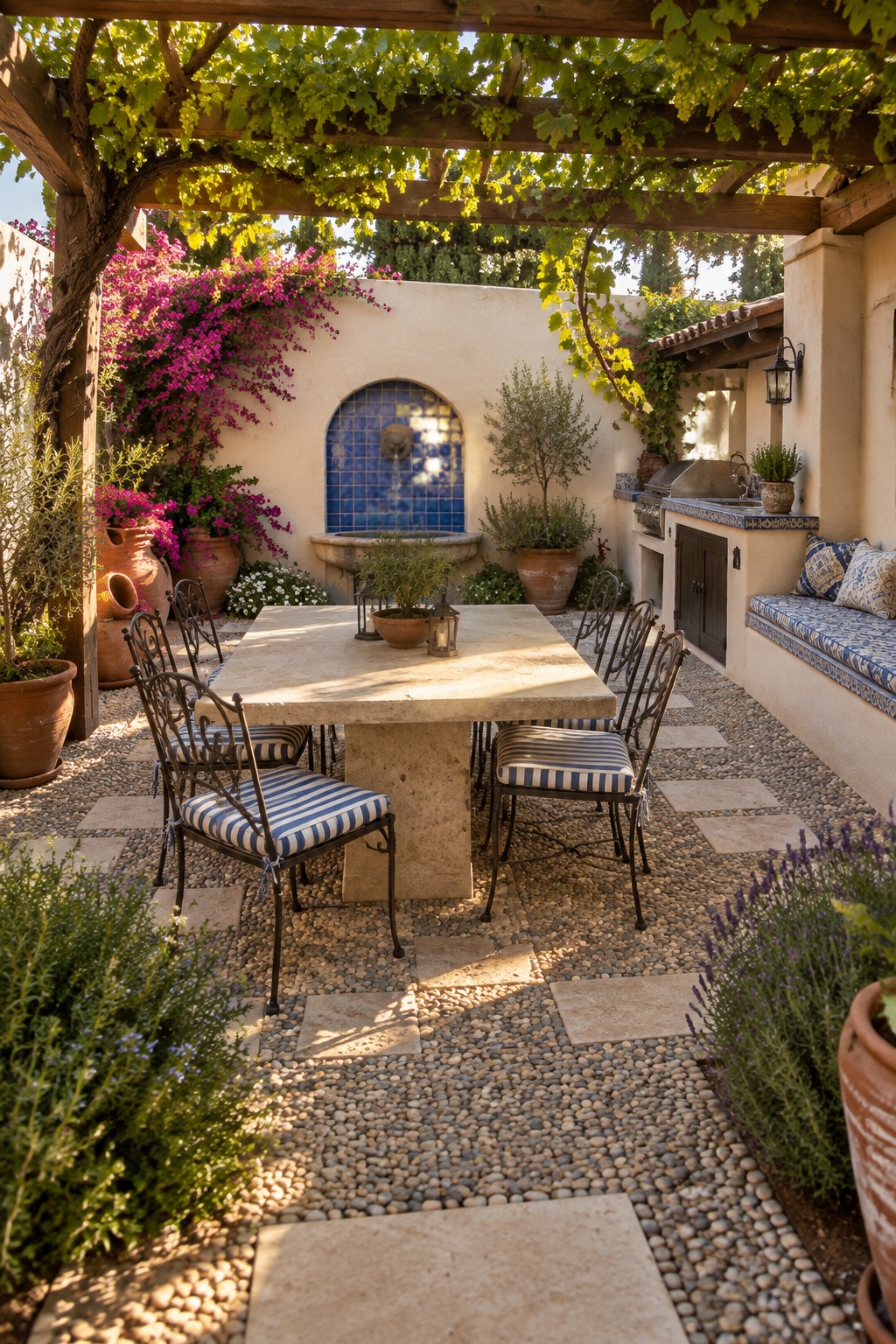 Sunlit courtyard with stone dining table, striped chairs, vine pergola, and blue fountain