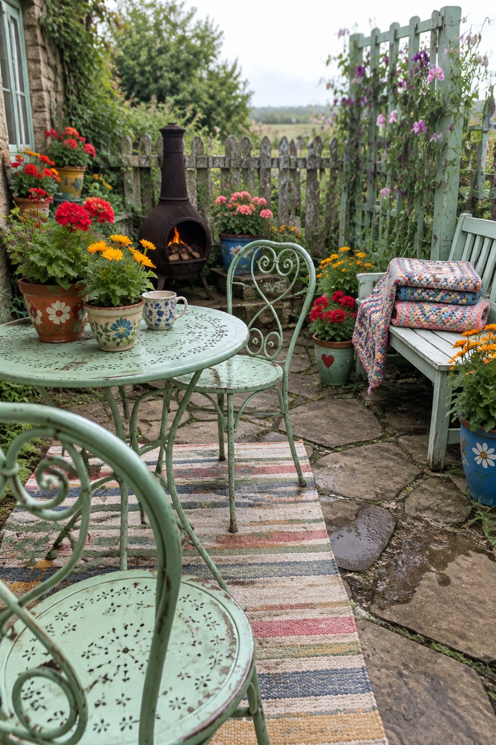 A patio scene with mint green metal table and chairs on a multicolored striped rug over stone pavers, surrounded by potted flowers, a fire pit, and a white bench with a folded knit blanket.