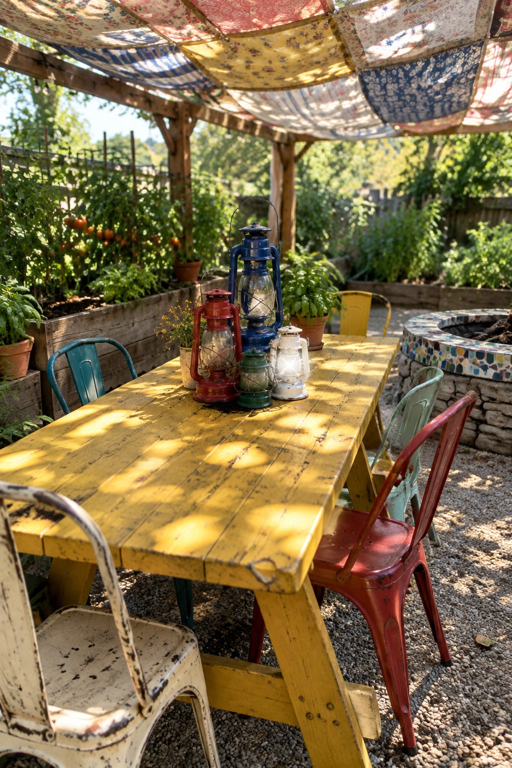 A yellow wooden picnic table with colorful metal chairs sits under a patchwork canopy of floral and striped fabrics on a sunny patio beside raised garden beds and a mosaic fire pit.