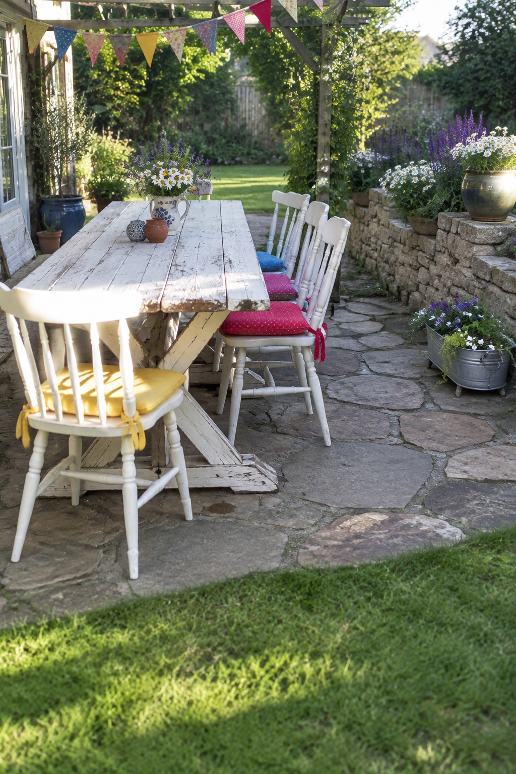A white wooden table and chairs with colorful cushions sit on a stone patio under bunting flags, surrounded by potted plants and a lawn.