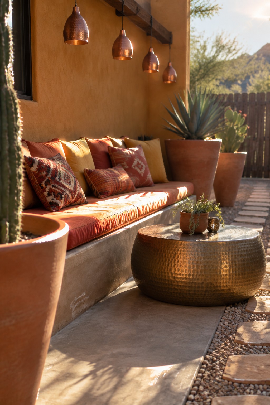 An outdoor patio scene showing a built-in bench with orange cushions and colorful patterned pillows, a round hammered metal table in front, and large terracotta pots beside a stucco wall.