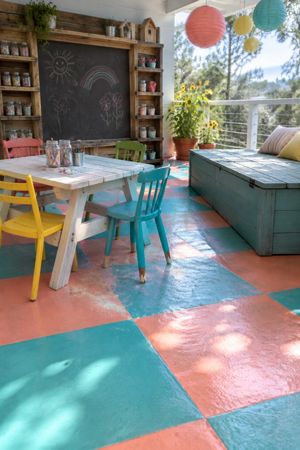 A covered outdoor patio with an orange and teal checkered floor, a wooden table surrounded by colorful chairs, a chalkboard on the back wall, and hanging paper lanterns.