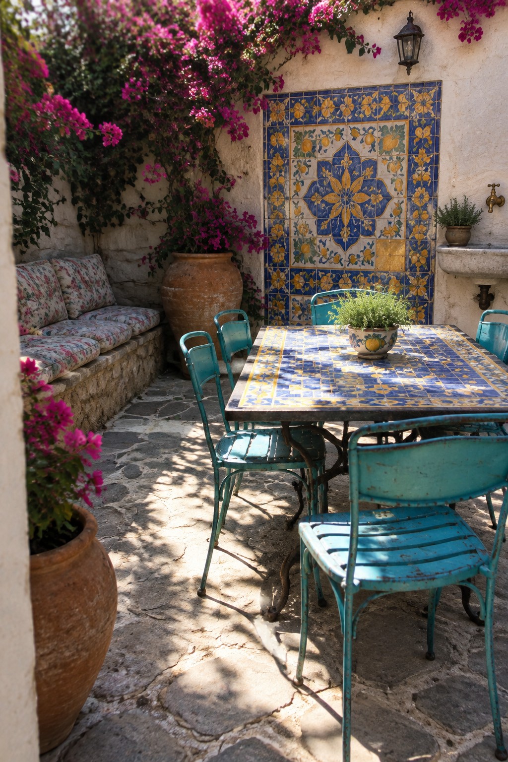 Turquoise chairs encircle a blue-yellow tiled table amid pink bougainvillea in a sunny courtyard.
