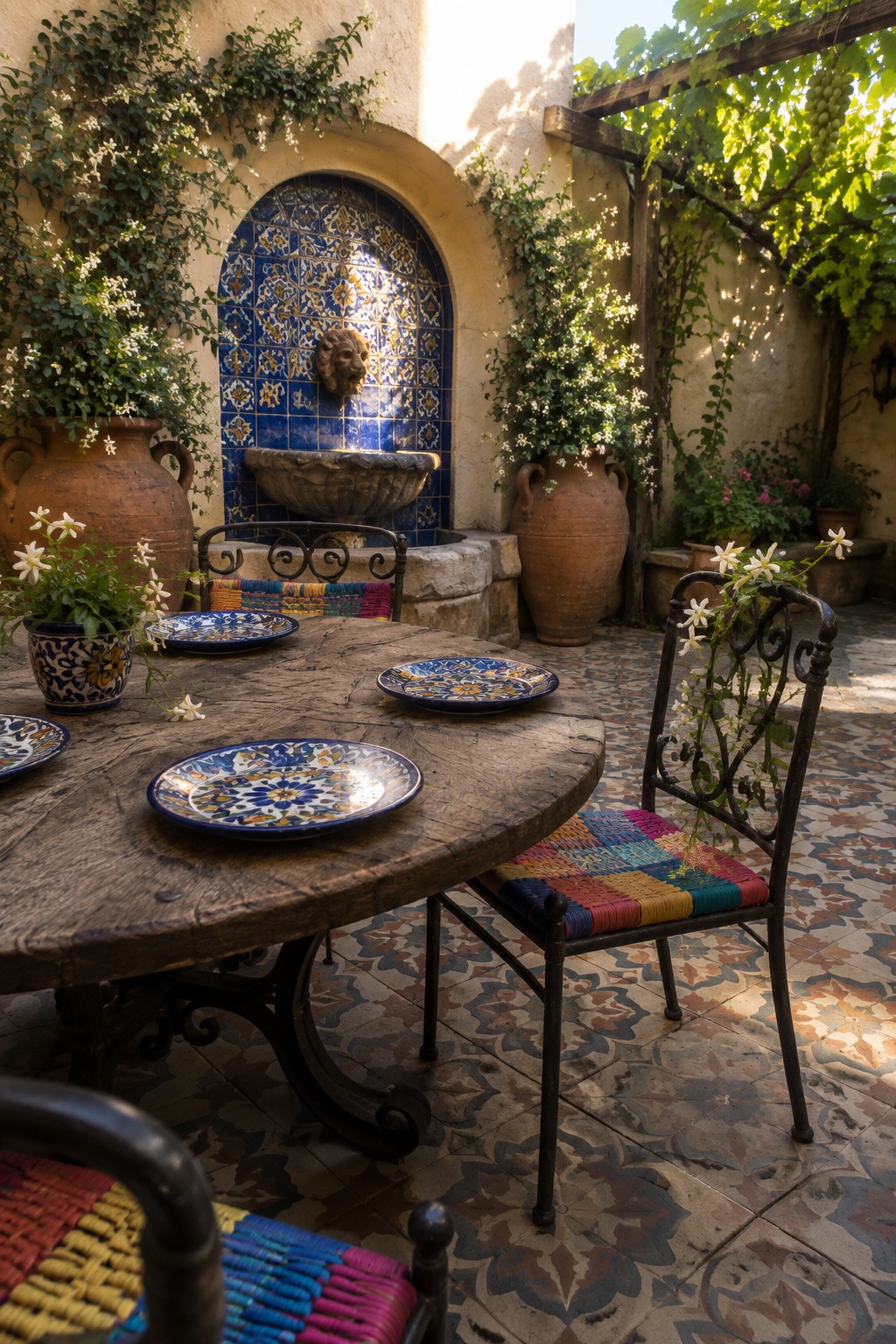 A round wooden patio table with blue and yellow patterned plates, surrounded by black metal chairs with multicolored woven seats, next to a tiled fountain and terracotta pots in a courtyard.
