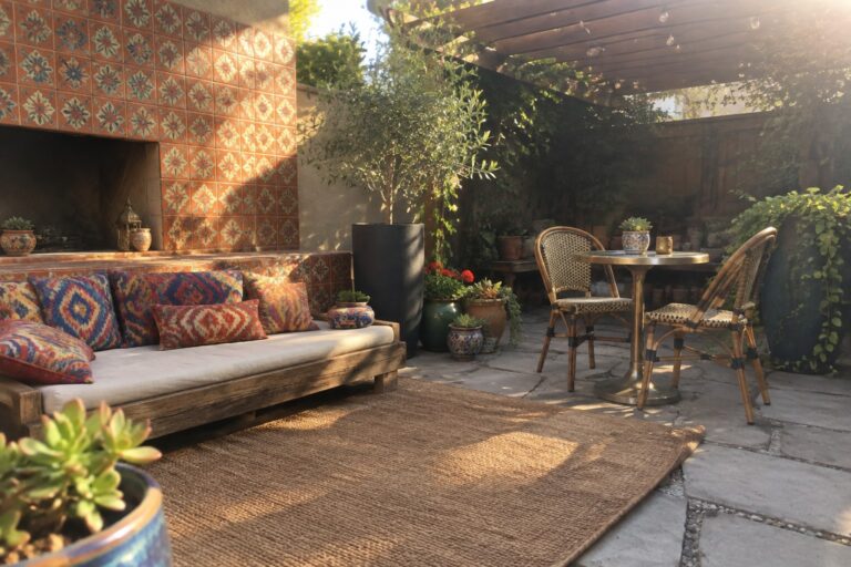 Colorful tiled patio with wooden daybed, woven rug, wicker chairs, and string lights.