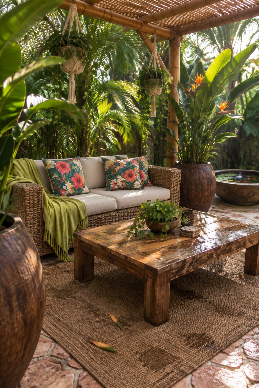 Tropical patio with rattan sofa, floral cushions, wooden table, and lush plants.