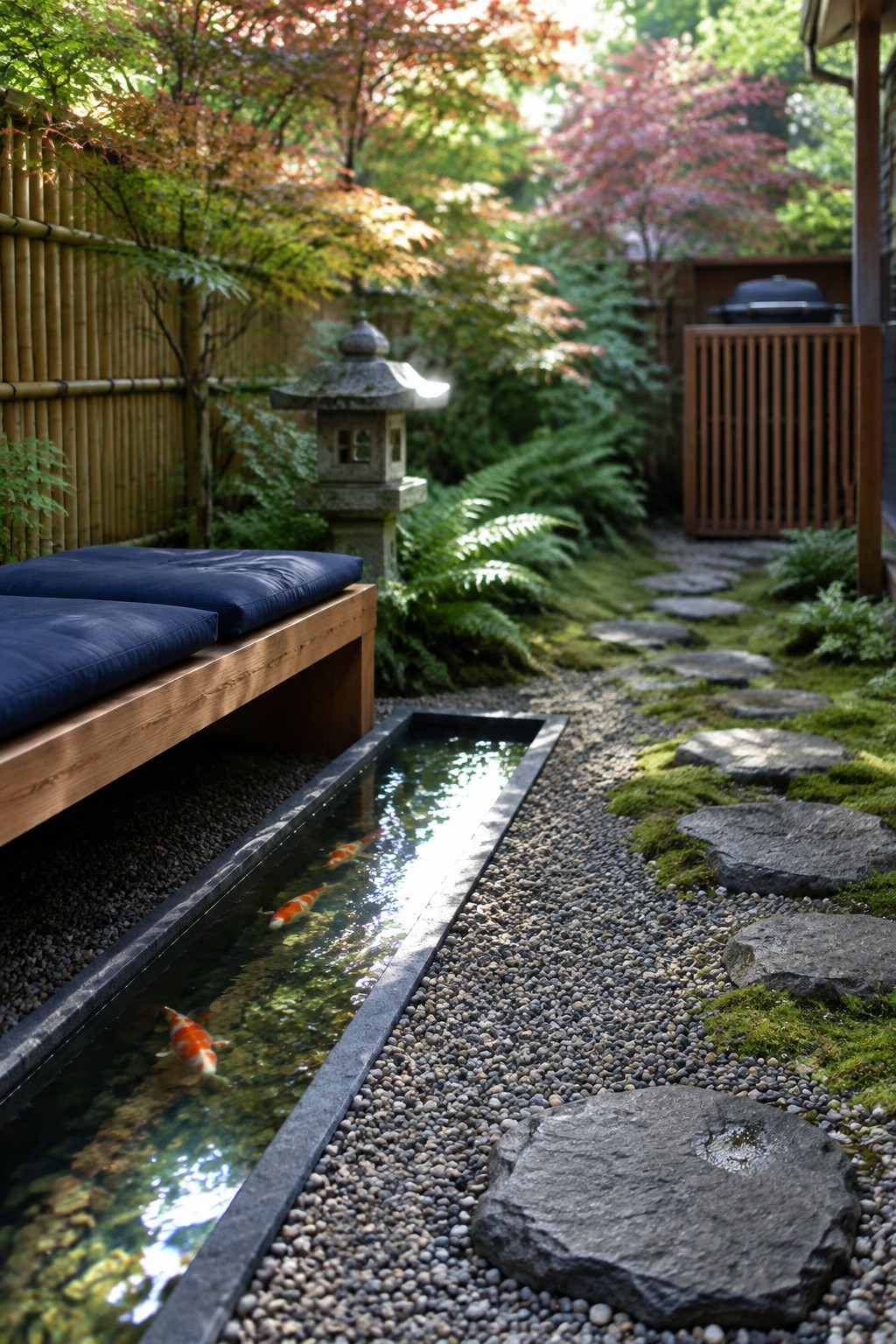 Tranquil Japanese garden with koi pond, stone lantern, wooden bench, and stepping stones.