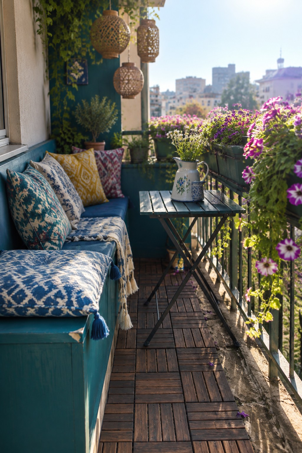 A small balcony features a teal built-in bench with blue, yellow, and red patterned cushions, a dark green folding table holding a white pitcher, and railings lined with purple and pink flowering plants under hanging woven lanterns.