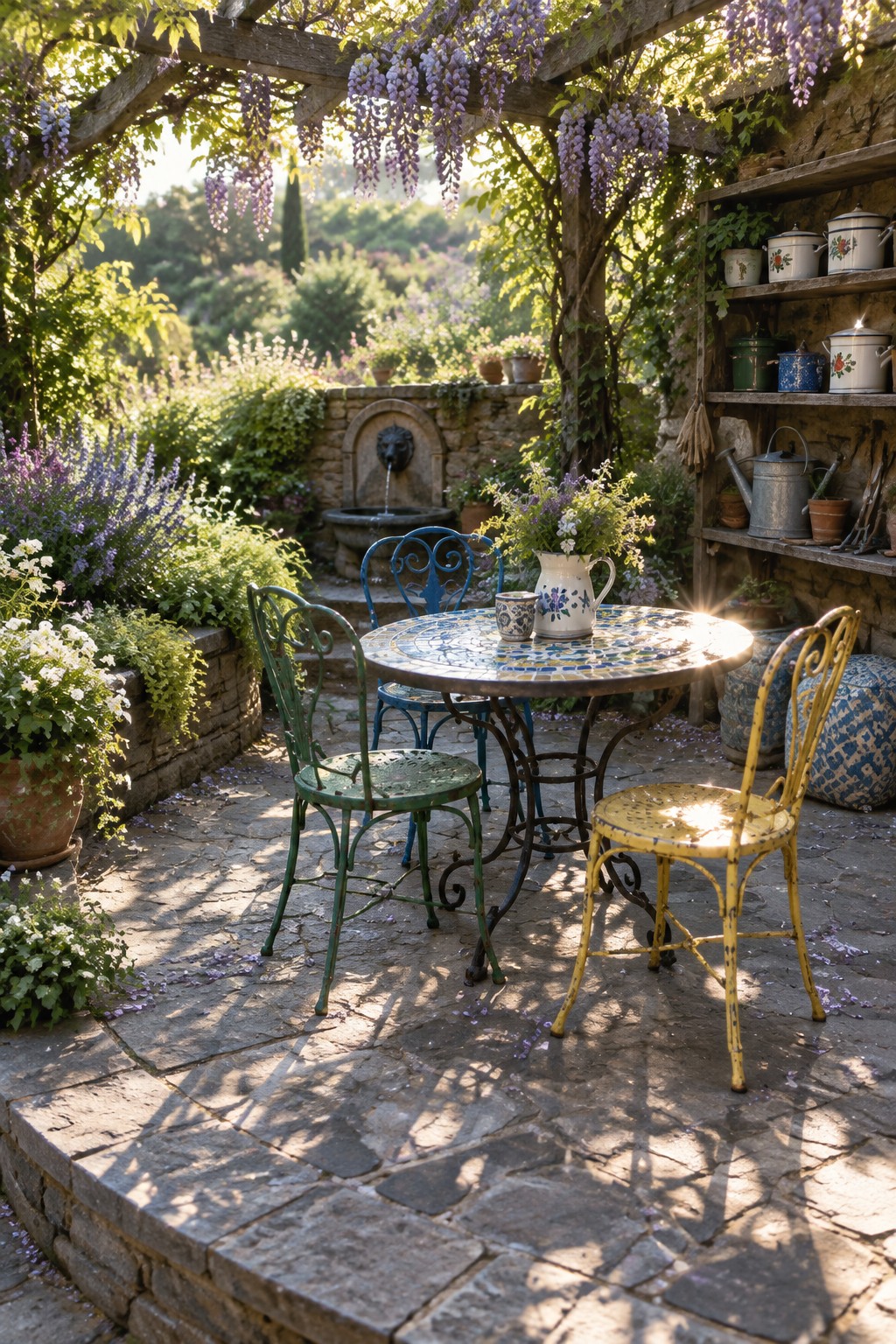 A stone patio with a round mosaic table and three metal chairs painted green, blue, and yellow, set under a wooden pergola covered in purple wisteria.