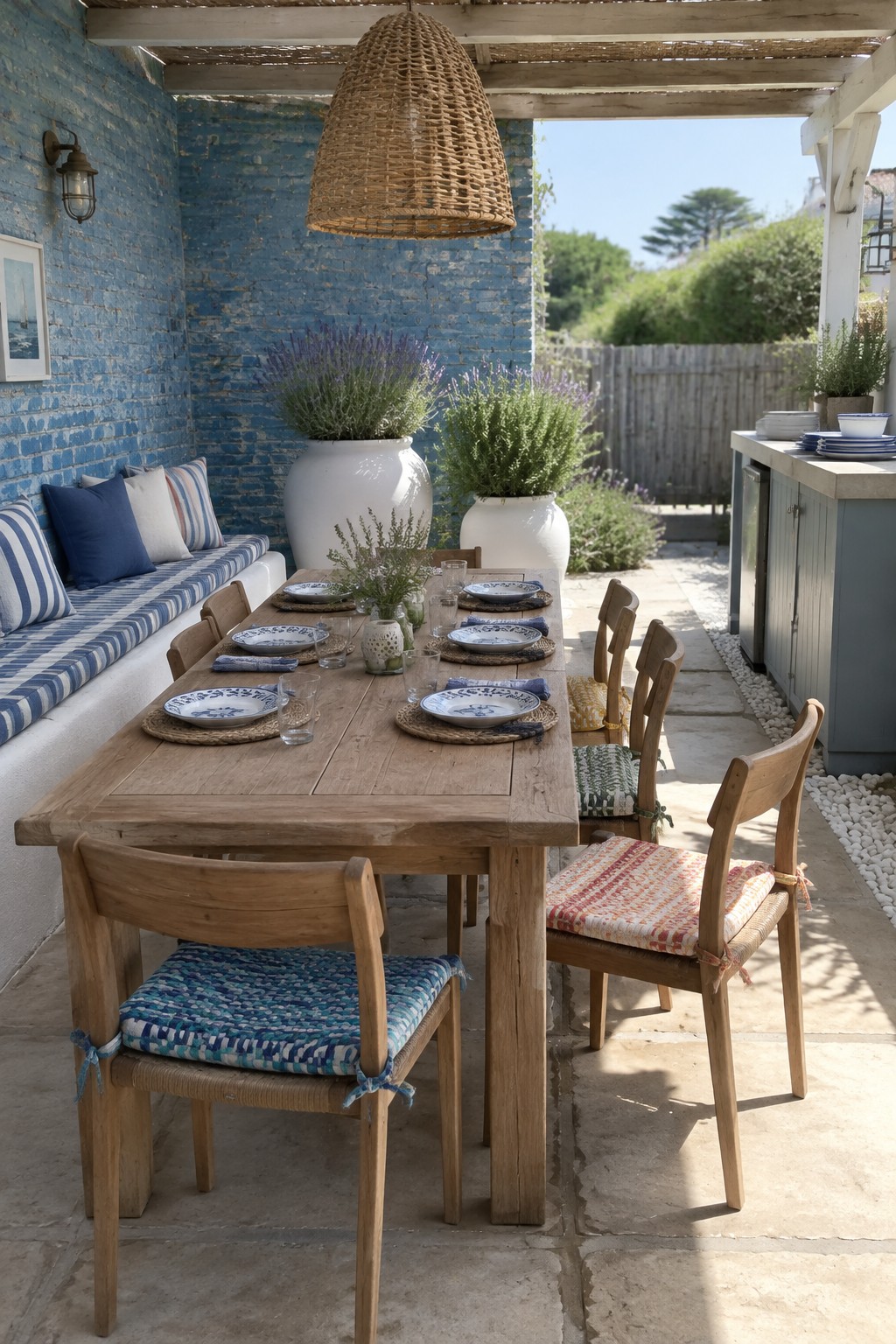 Outdoor wooden dining table on a stone patio with mismatched chairs and a built-in bench, all fitted with colorful striped and woven cushions beside a blue brick wall.