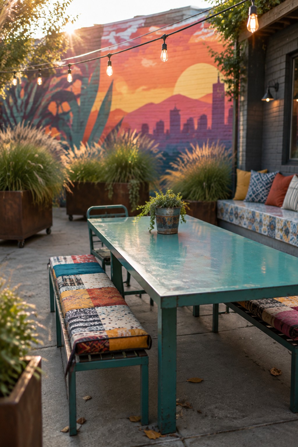 Outdoor patio with turquoise table, patchwork benches, string lights and colorful mural