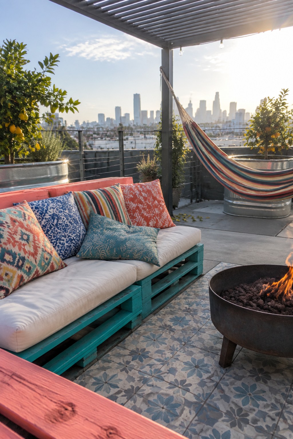 Rooftop patio with striped hammock, teal pallet couch, fire pit, and city skyline