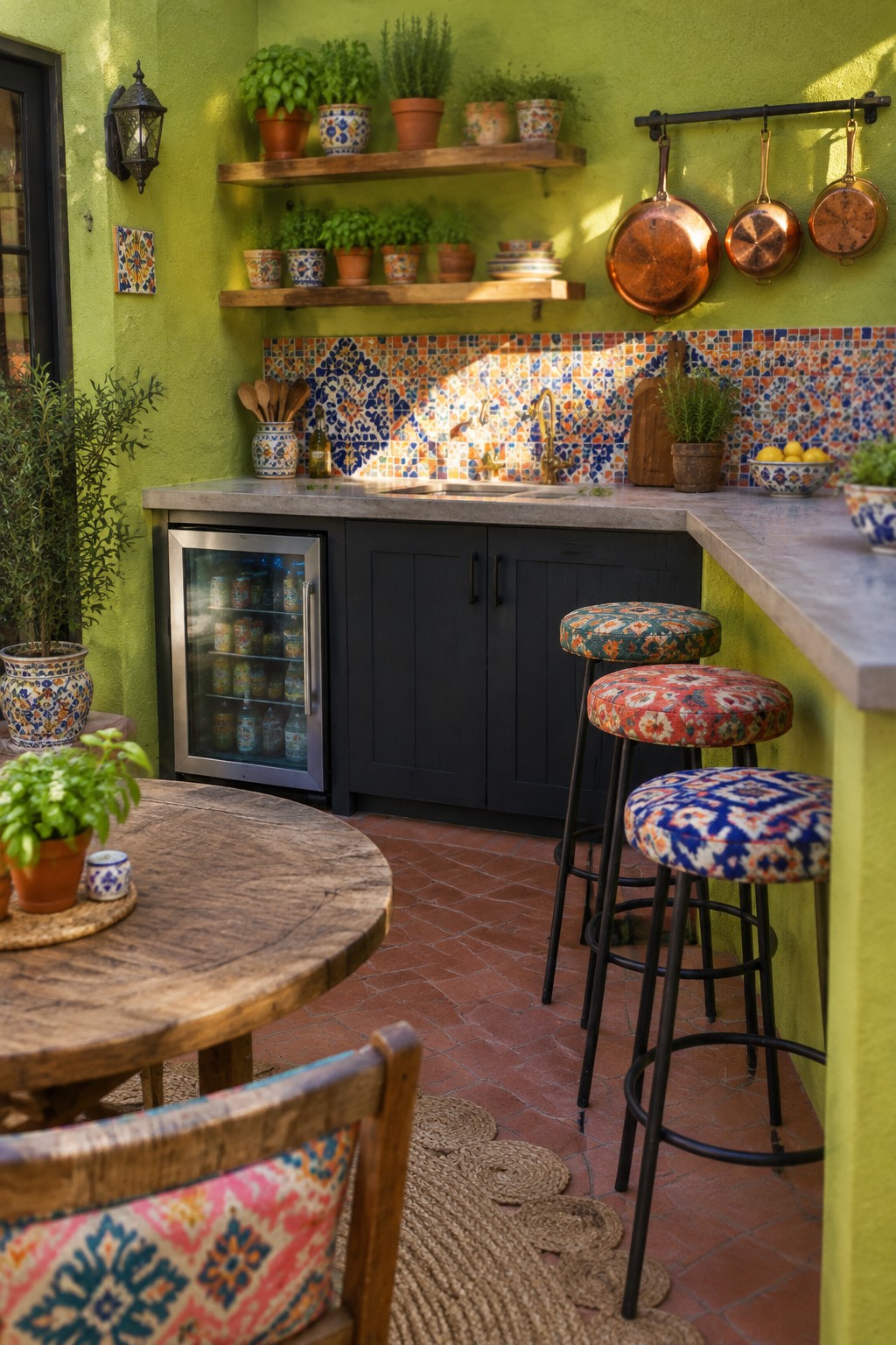 An outdoor kitchen on a brick patio features a colorful mosaic tile backsplash, dark cabinets, three patterned bar stools, and potted plants under a lime green wall.