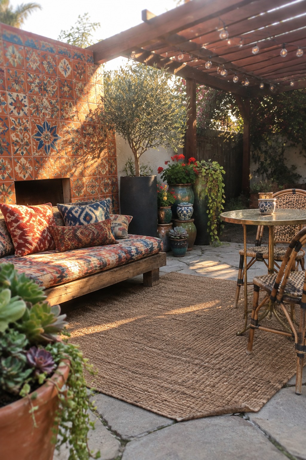 Colorful tiled patio with wooden daybed, woven rug, wicker chairs, and string lights.