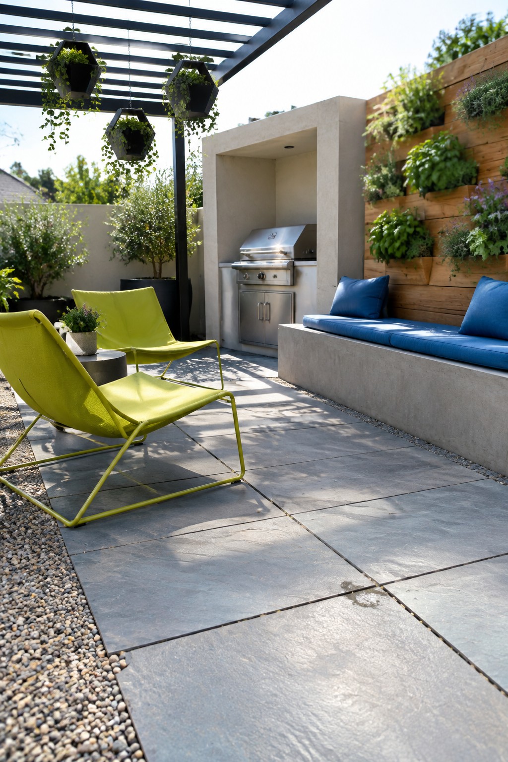 Modern patio with lime green chairs, blue bench, grill, hanging planters and vertical garden.