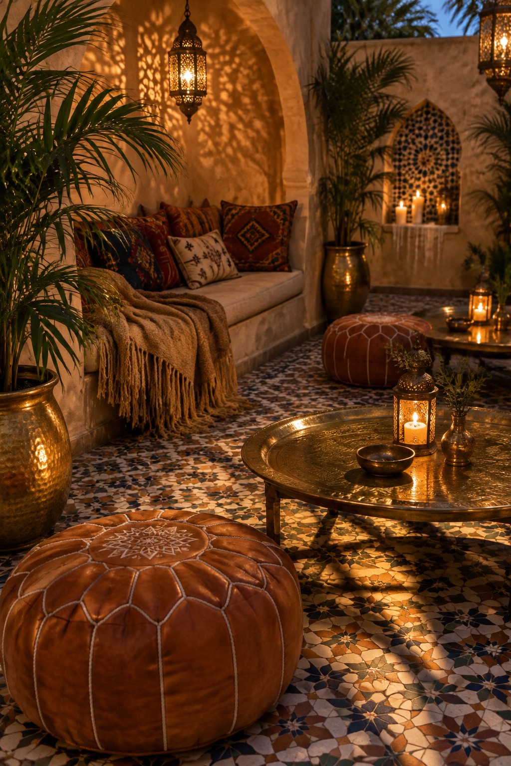 Moroccan patio with leather poufs, brass tray table, colorful cushions, and glowing lanterns.