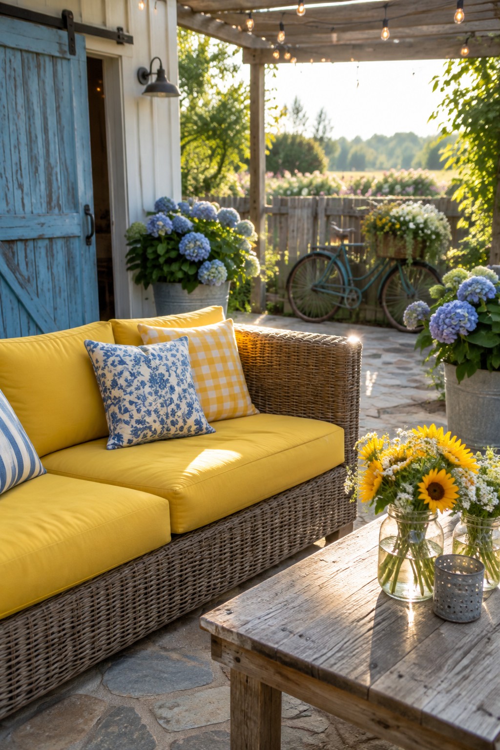 Yellow wicker sofa with blue pillows beside rustic table holding sunflower vases on patio