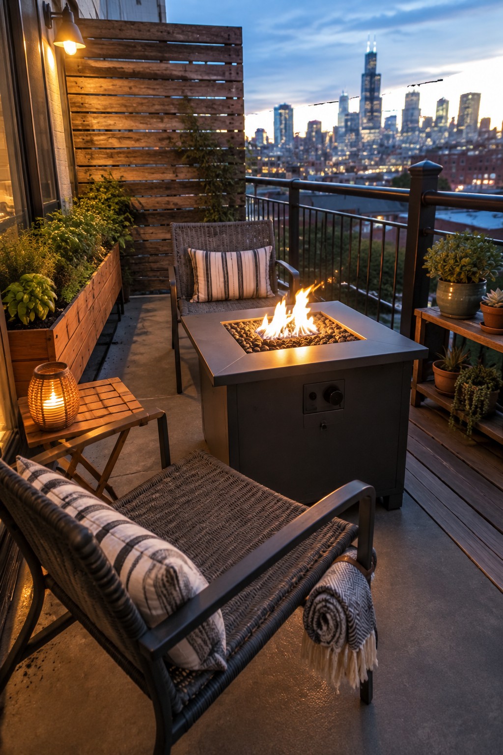 Rooftop patio with fire pit, woven chairs, plants, and glowing city skyline at dusk