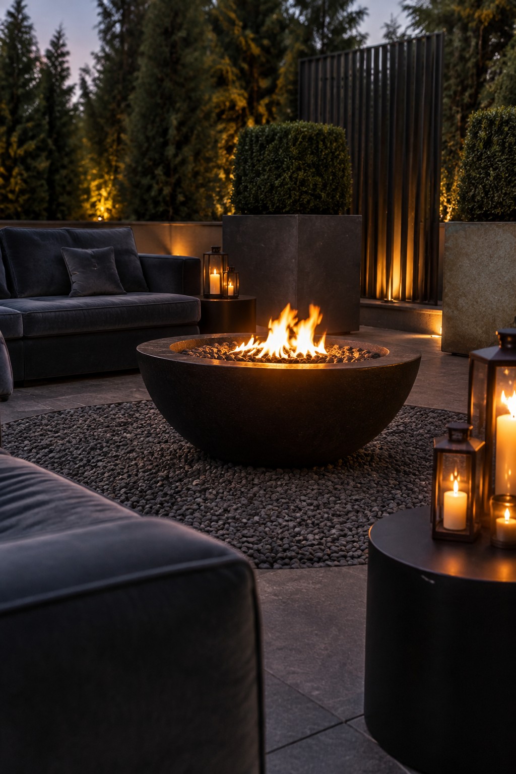 A round dark fire pit with active flames rests on a circular gravel bed, surrounded by dark outdoor sofas and several lit lanterns on a stone patio with trees and planters in the background.