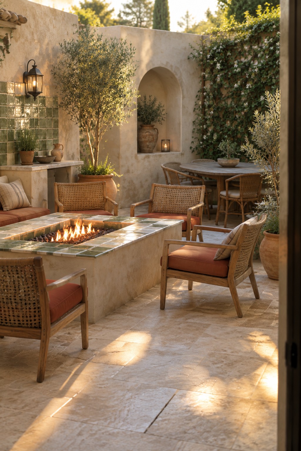 An outdoor patio with a rectangular tiled fire pit at center, surrounded by wooden-framed woven chairs with orange cushions, a round dining table in the background, and stucco walls with climbing vines and potted plants.