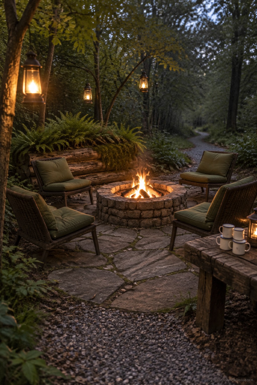 Cozy stone fire pit with wicker green chairs, glowing lanterns in forest clearing
