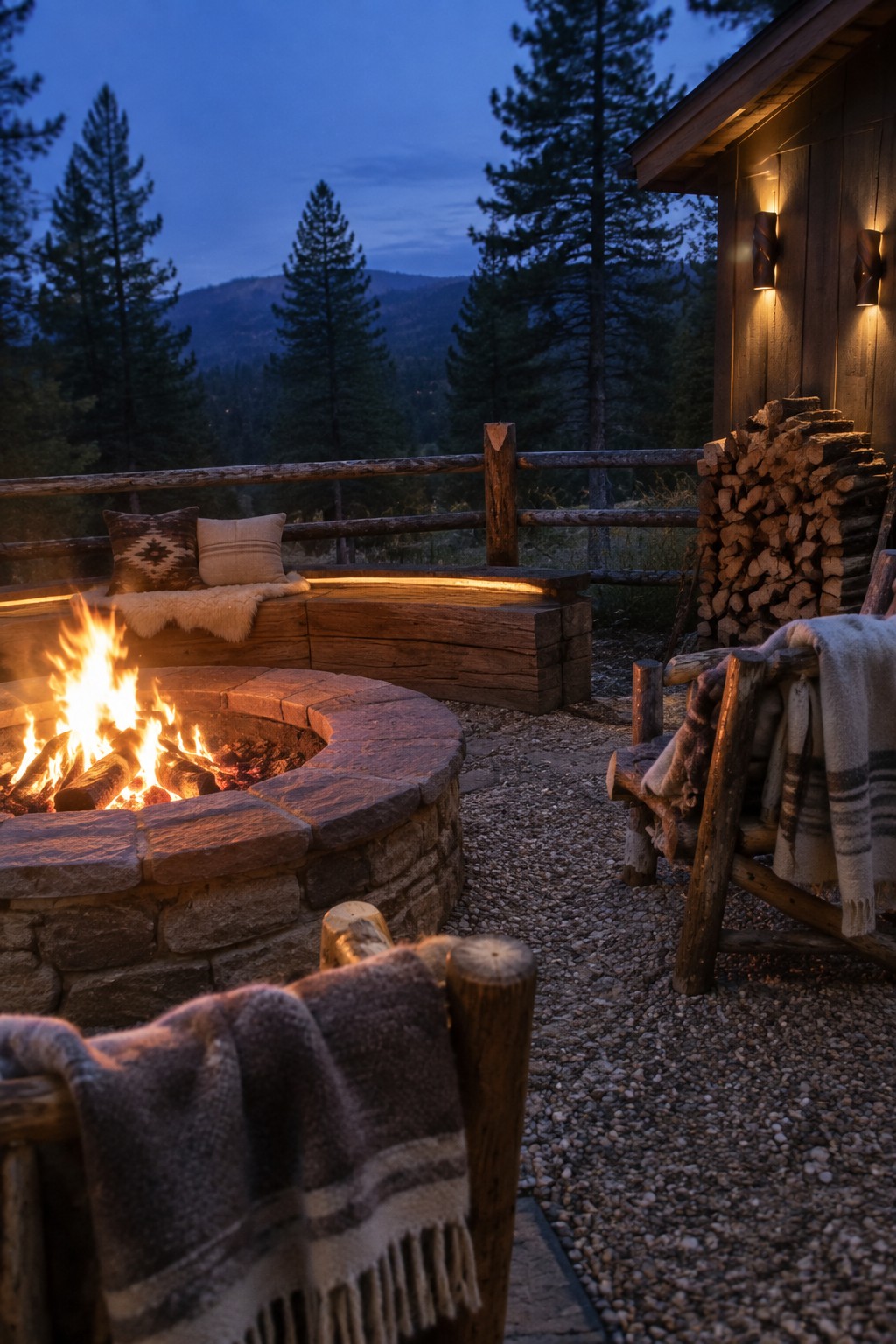 A round stone fire pit with burning logs sits on a gravel patio next to a wooden cabin, with a built-in wooden bench and rustic chairs holding blankets, overlooking pine trees and mountains at dusk.